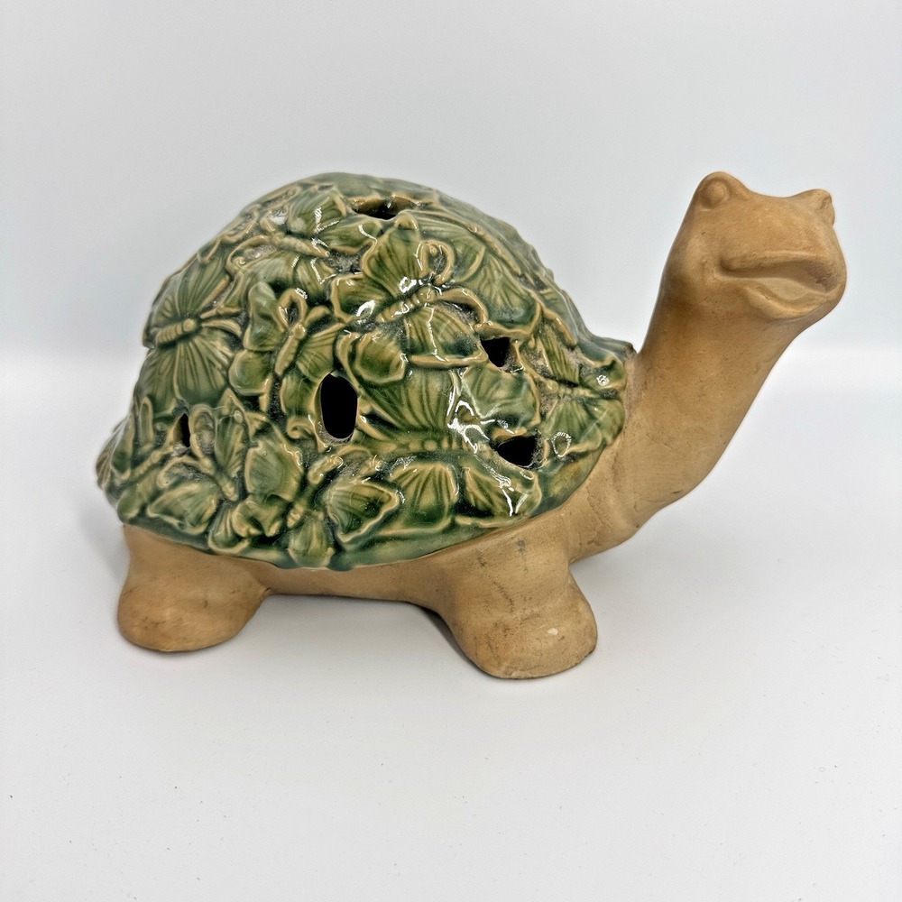 Vintage Ceramic Turtle Figurine Butterfly Pierced Shell Garden Cottage Decor